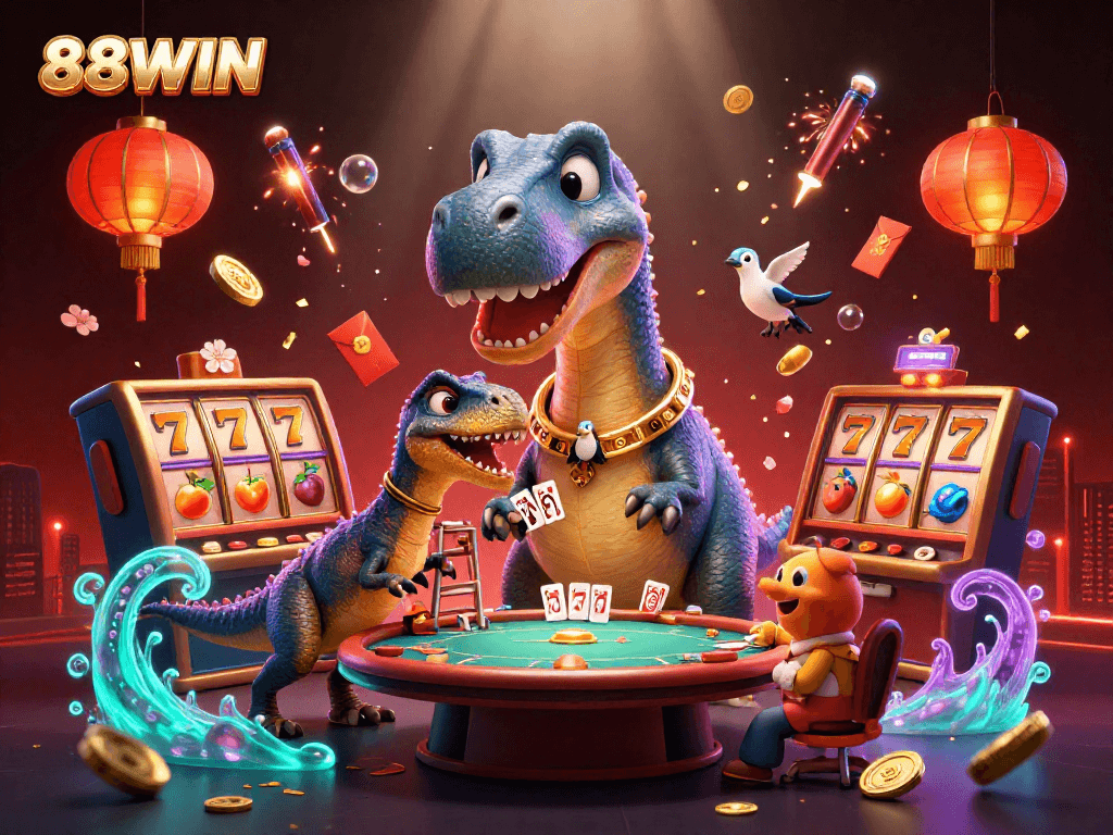 Engage in thrilling gaming at 88WIN with a vibrant casino scene featuring unique characters and lucky symbols.