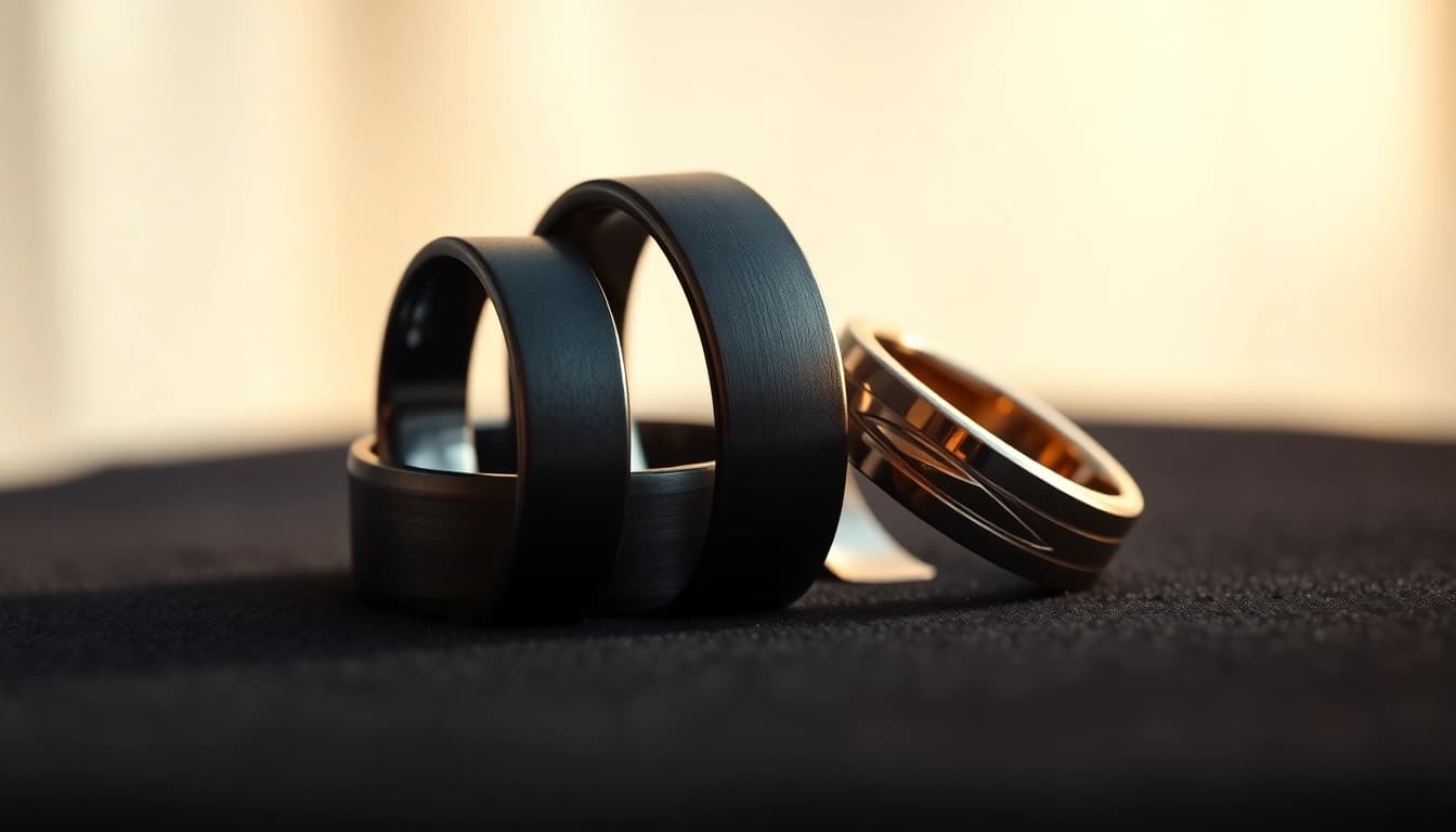 Showcasing stunning dark mens wedding bands with elegant finishes on a plush surface.