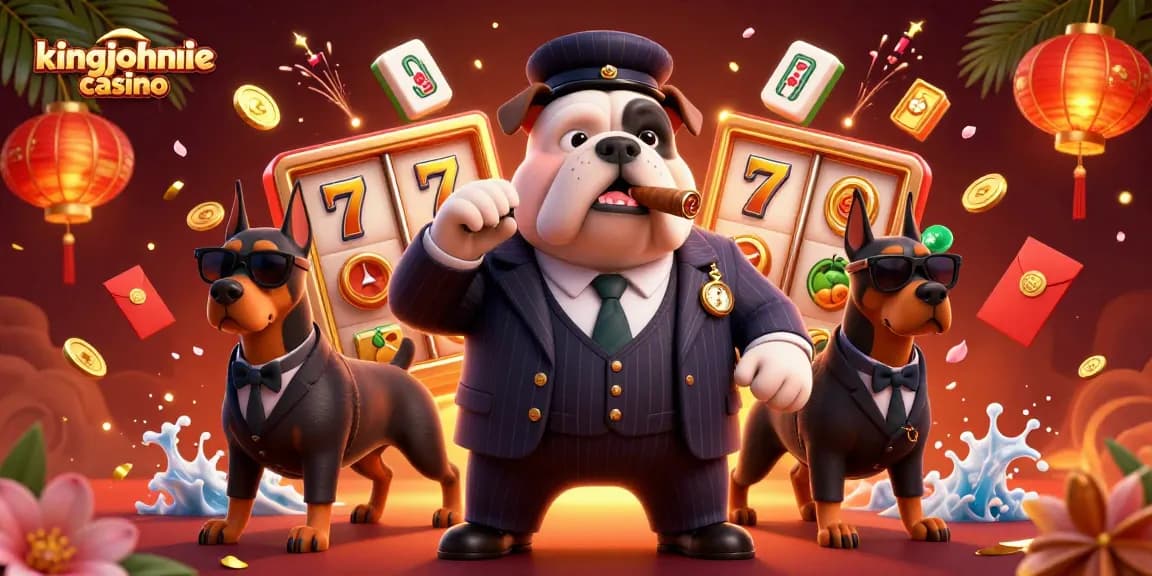 Engage with kingjohnnie casino's vibrant scene featuring slot reels and a mafia bulldog.