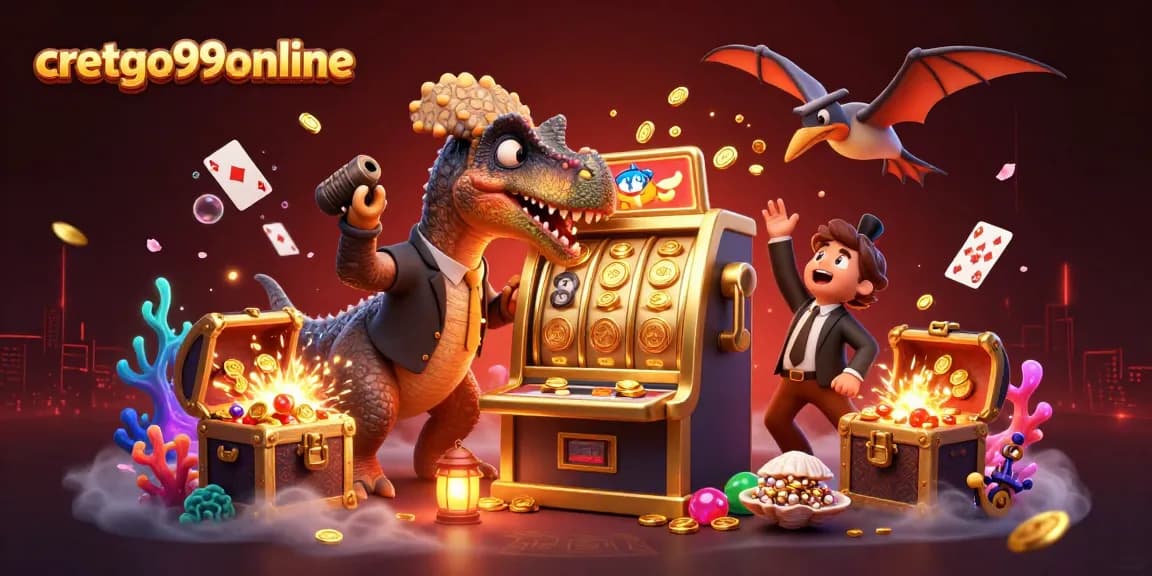 Engaging cretgo99online 3D casino scene with dinosaurs, slot machines, and dynamic action.