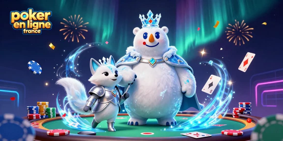Participer au poker en ligne France avec des cartes de jeu et des jetons colorés entourant le roi polaire.
