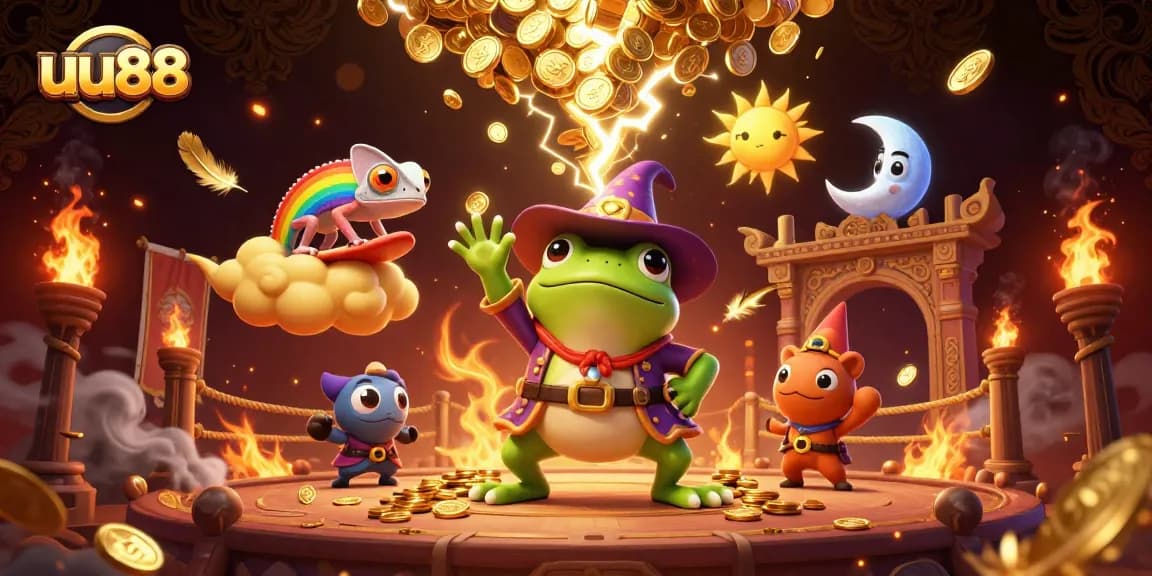 Win big with uu88 in a dynamic casino setting featuring magical characters and gold.