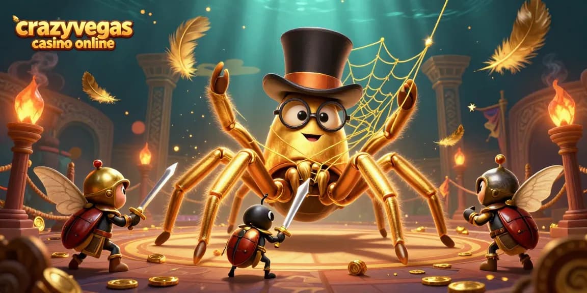 Experience the thrilling action at crazyvegas casino online with a golden tarantula and beetle knight amid gaming excitement.