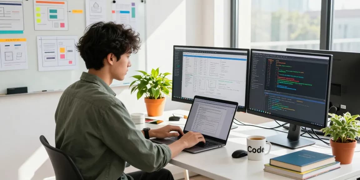 Workspace showcasing NAGA2000 software development process with vibrant tech environment and coding screens.