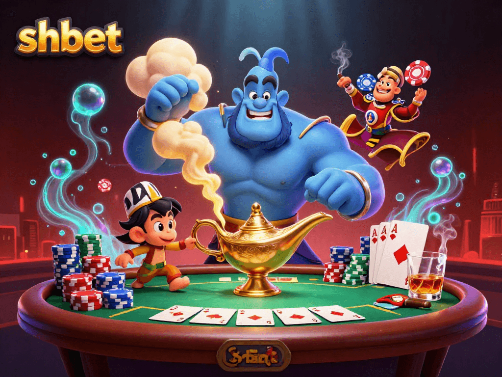 Engage with shbet's thrilling casino experience featuring a dynamic genie, monkey, and poker elements.