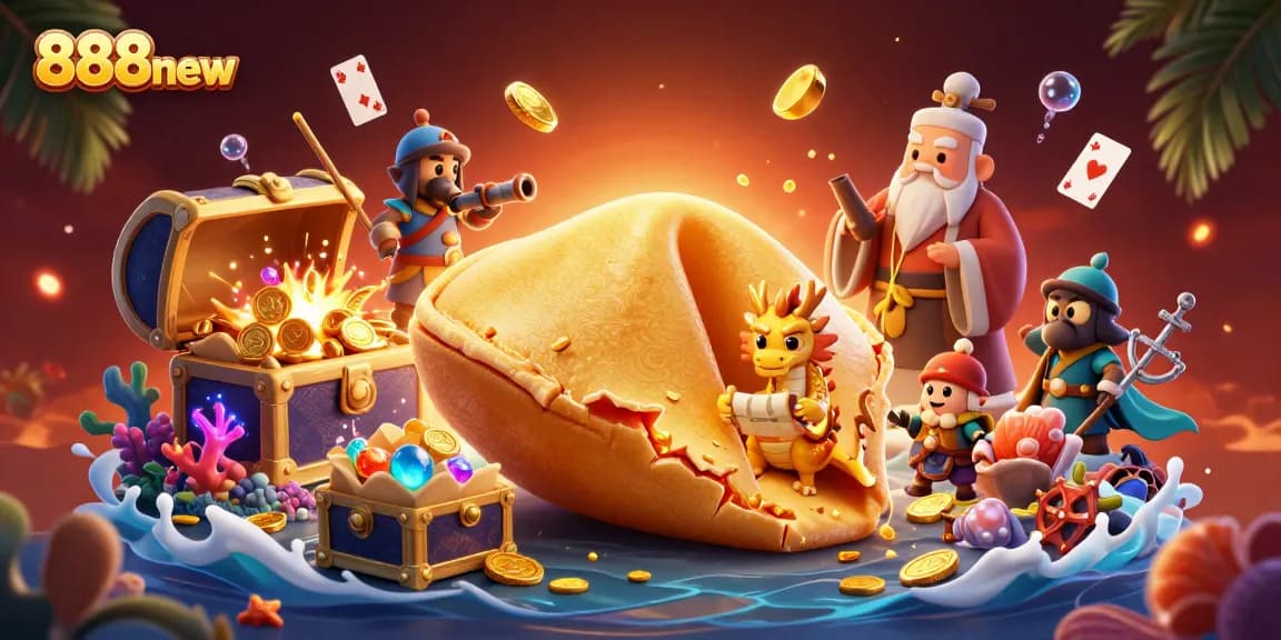 Engage with 888new's exciting fantasy casino scene featuring whimsical characters and vibrant treasures.