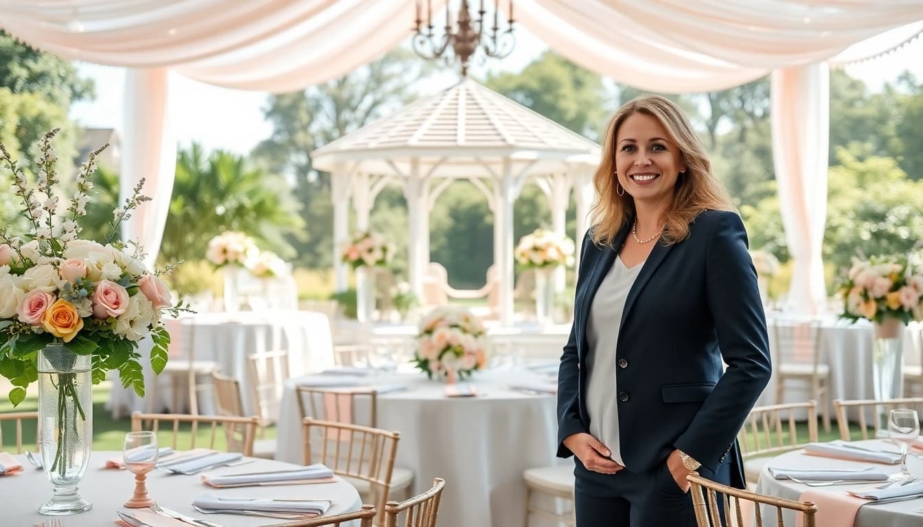 Washington dc wedding coordinator at a beautifully decorated outdoor wedding venue.