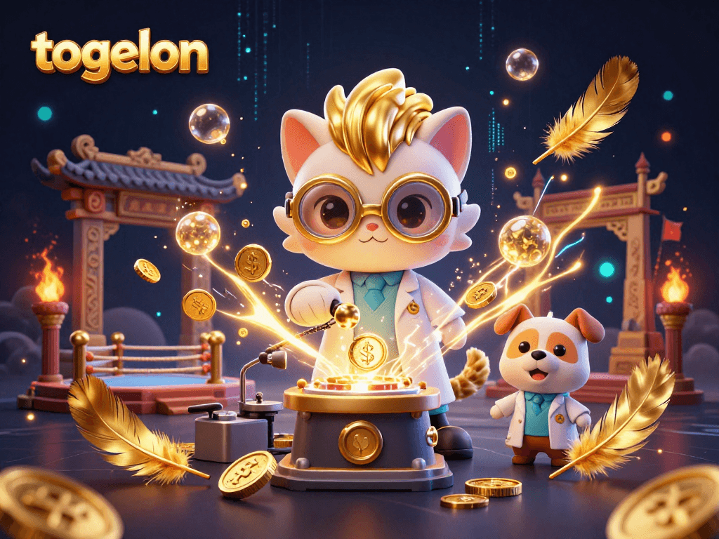 Engage with togelon in a vibrant 3D illustration featuring a mad scientist cat and a dog assistant amidst casino elements.