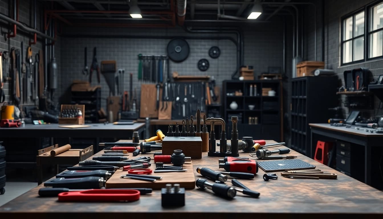 Utilizando kstools en un taller, mostrando herramientas organizadas y un ambiente de trabajo profesional.