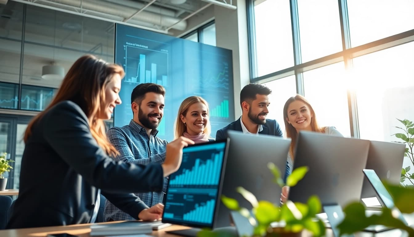Team discussing strategy for sales AI software in a vibrant office environment.