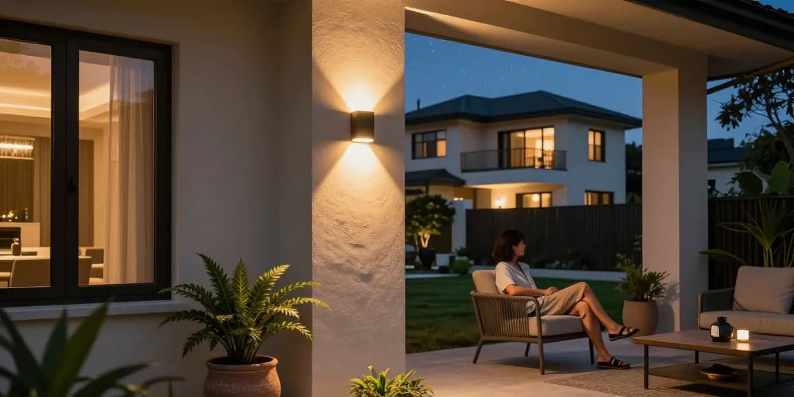 Aplica led exterior iluminând un porch modern cu atmosferă caldă și primitoare.