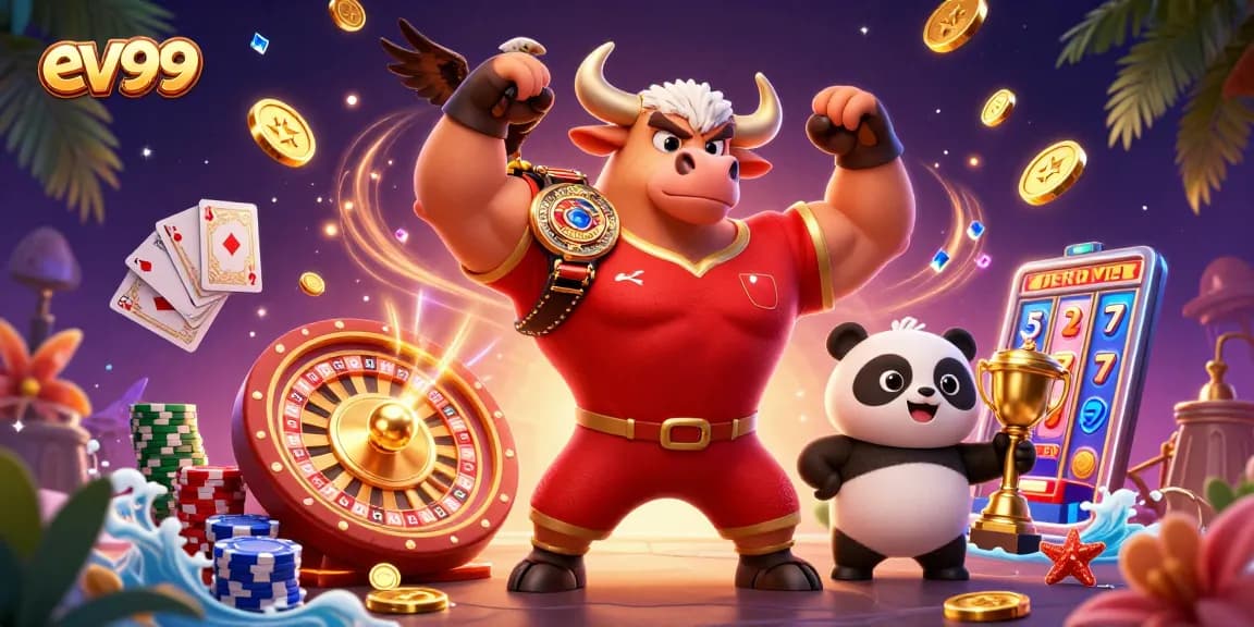 Experience thrilling wins with ev99 in this vibrant 3D casino illustration featuring animated characters.