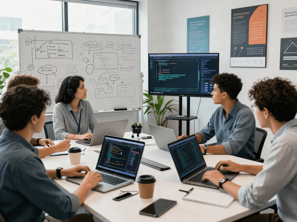Team collaboration on crush on ai in a modern office, showcasing vibrant technology and teamwork.