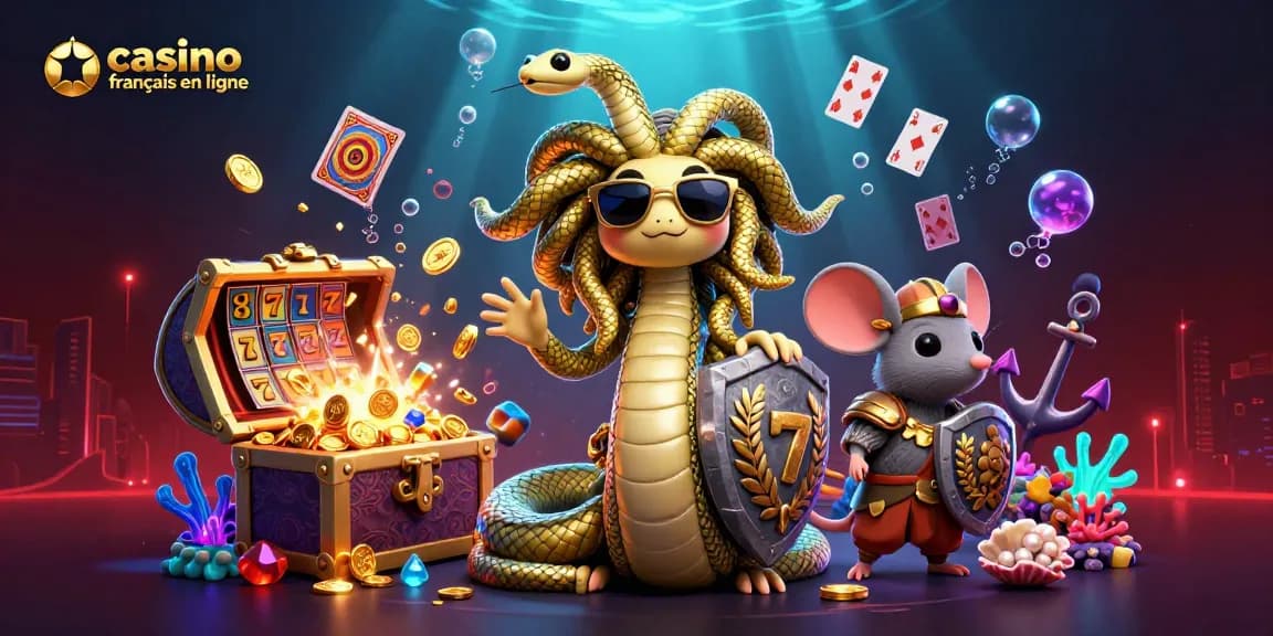 Un jeu de casino français en ligne captivant et dynamique avec Medusa et un guerrier souris.