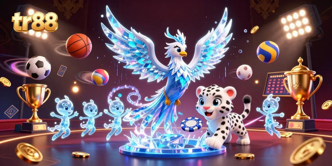 Experience thrill and wins at tr88, featuring an ice phoenix, poker chips, and dynamic sports elements.