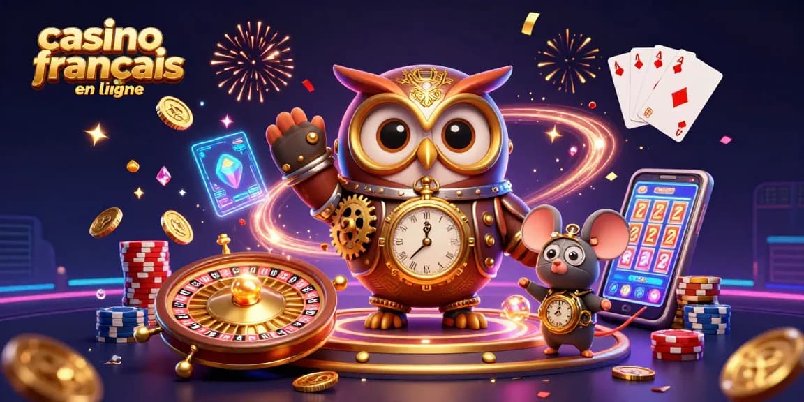Gagnez au casino français en ligne avec un hibou steampunk et des éléments de jeu modernes.