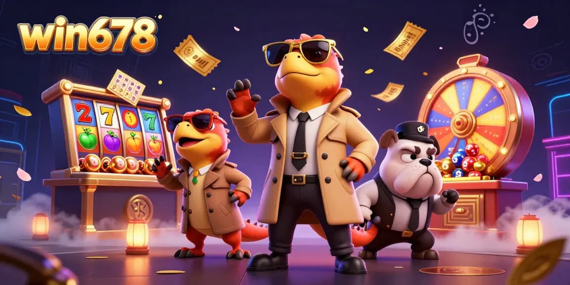win678 slots packed with vibrant colors and dynamic elements in a 3D casino scene featuring raptors and a bulldog bouncer