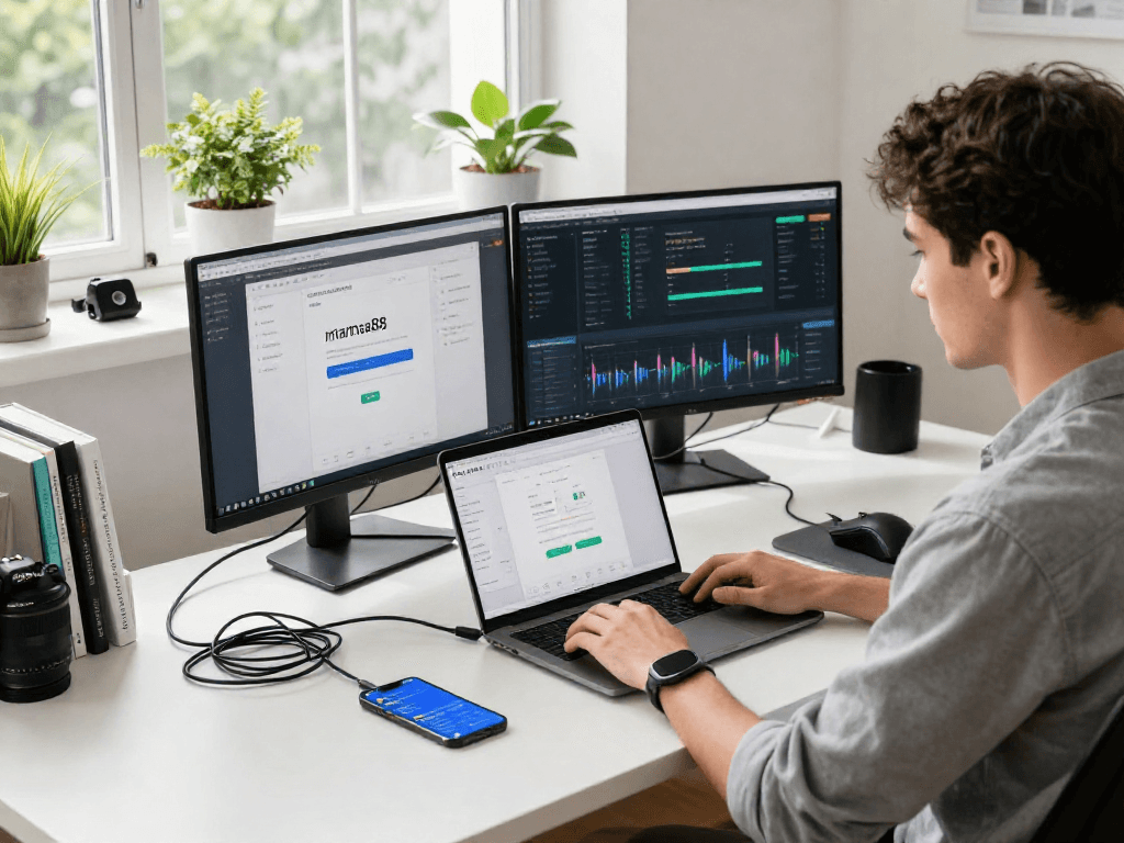 mantra88 login interface on laptop in a bright tech workspace with analytics dashboards