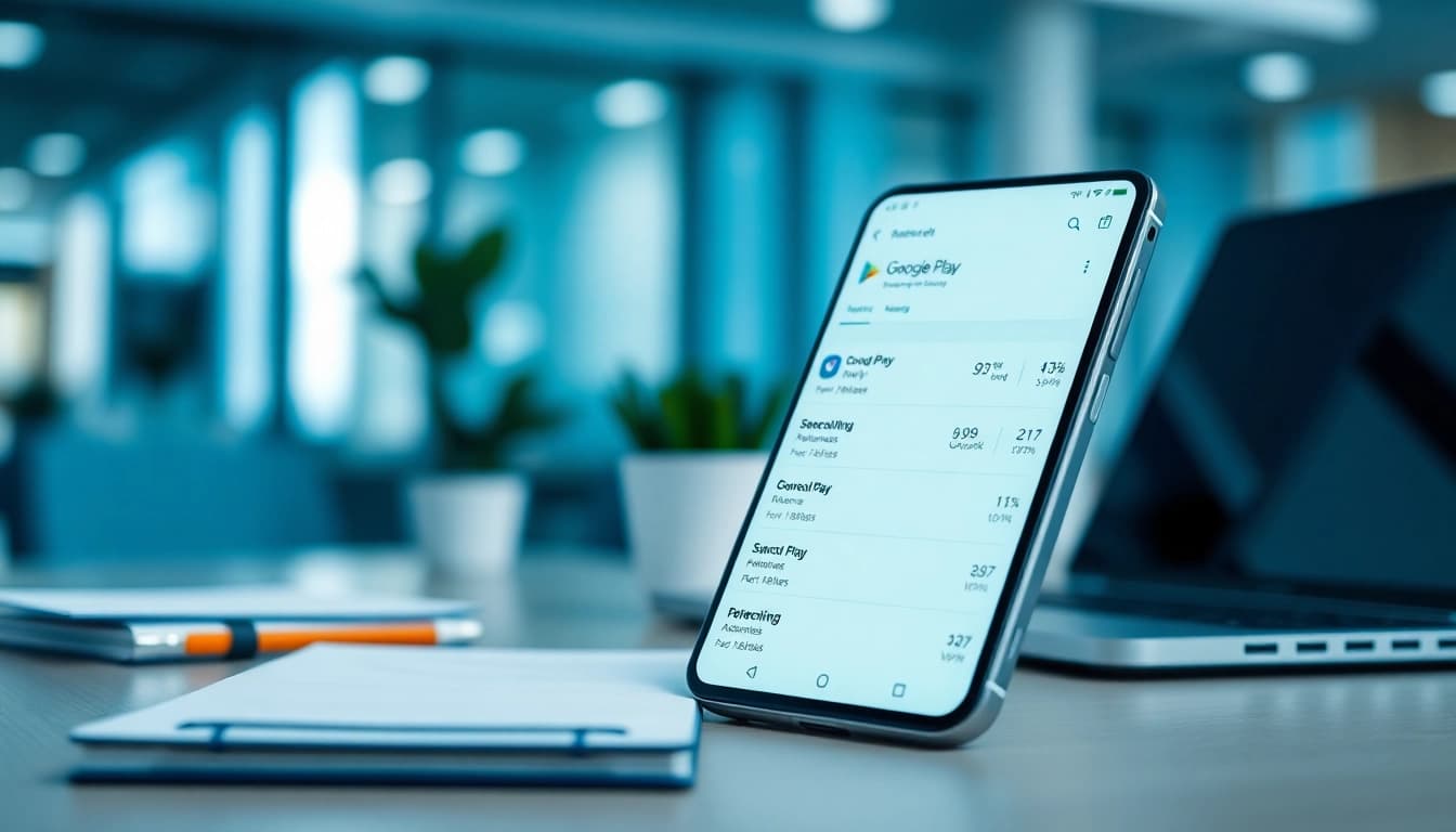 Analyze google play ranking on a smartphone set in a modern office environment.