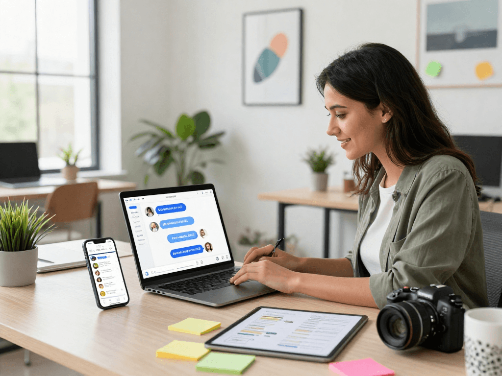 Engaging spicy chat AI interface on a laptop in a modern workspace with vibrant decor.