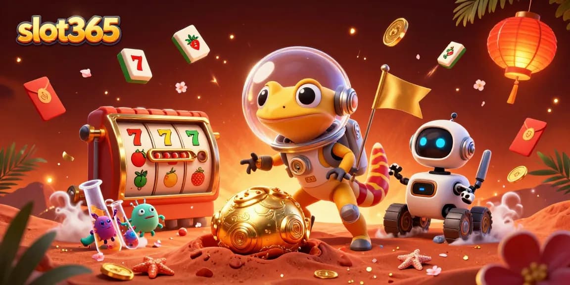 Spin and win at slot365 with vibrant 3D casino illustration featuring Martian gecko and golden elements.