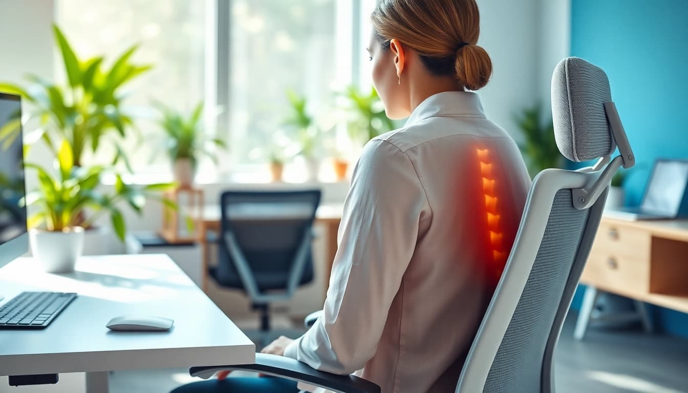 Improve posture while sitting with ergonomic techniques demonstrated in an office setup.