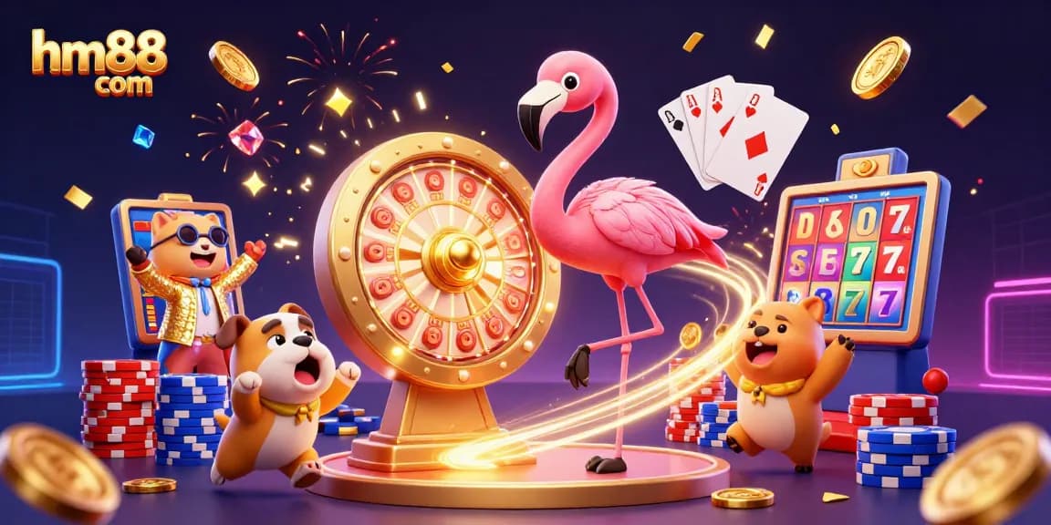 Experience winning thrills at hm88 com with a dazzling cartoon casino scene featuring exciting game elements.