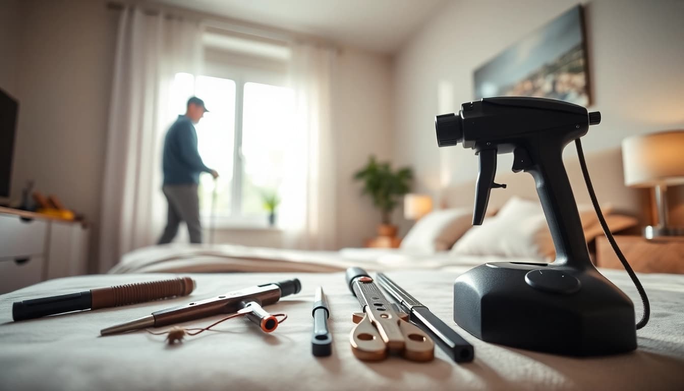 Bed bug exterminators examining a bedroom for pest issues with professional tools.