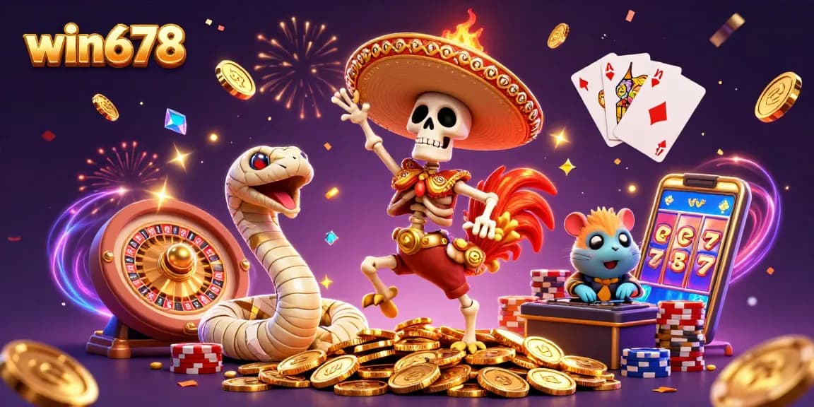 Experience thrilling wins with win678 in this vibrant casino illustration filled with dynamic characters and symbols.