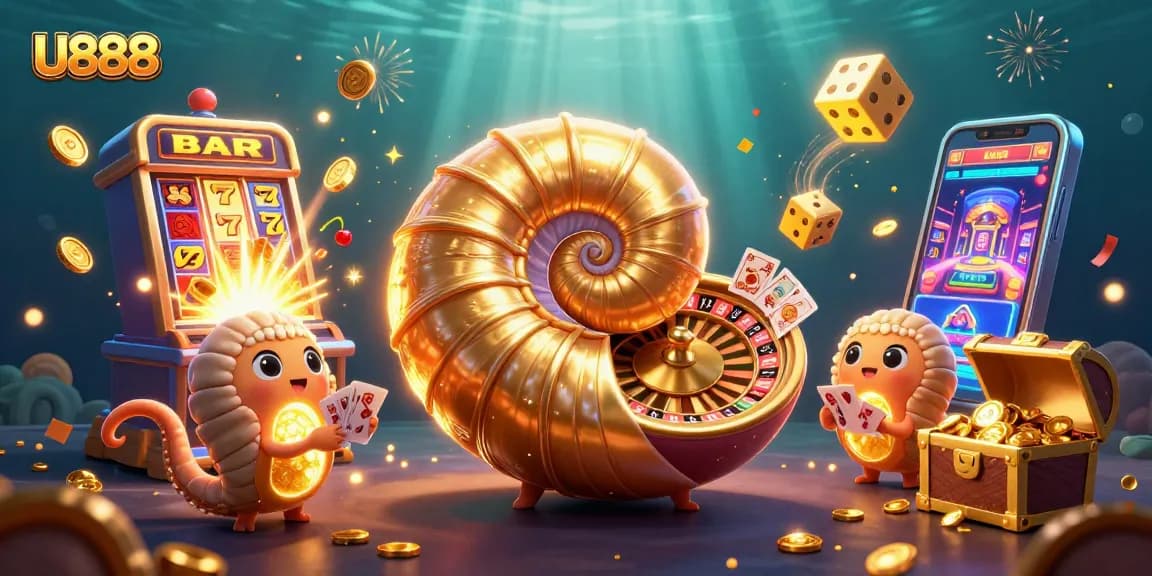Experience the thrill of U888 with a giant nautilus and vibrant casino elements.