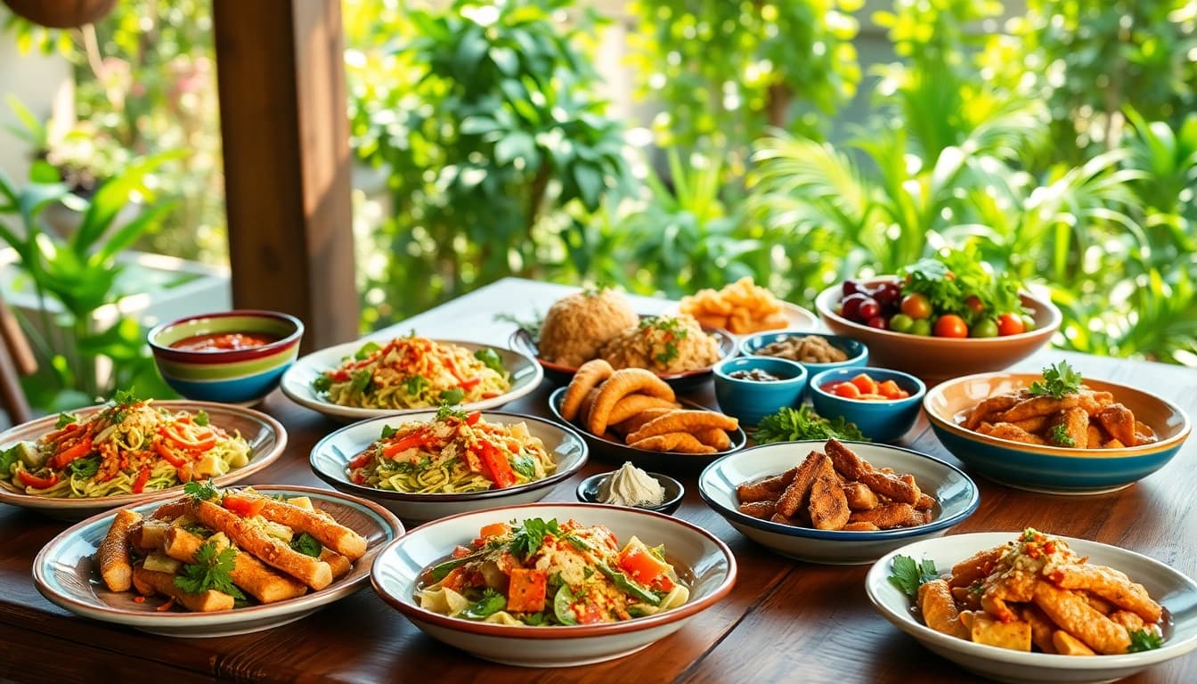 Delicious food spread featuring vibrant dishes at TNGolfStation, set in a lively atmosphere.
