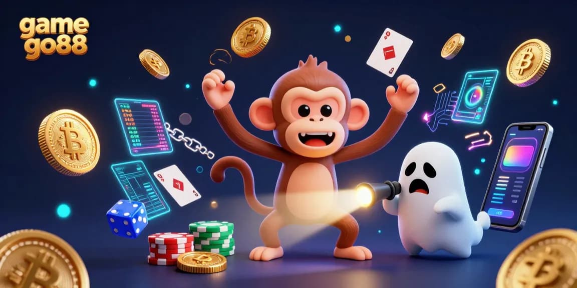 Engage with game go88 as a playful poltergeist monkey juggles coins and cards in a haunted casino.