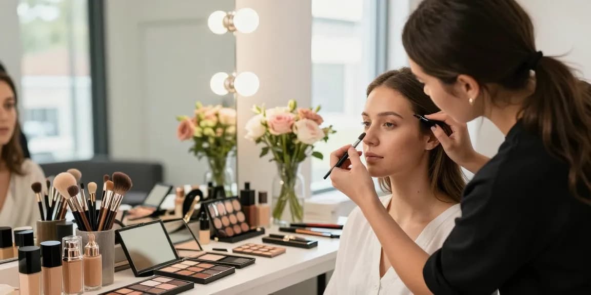 Trucco personalizzato in un salone di bellezza, truccatrice che applica tecniche su misura per la cliente.