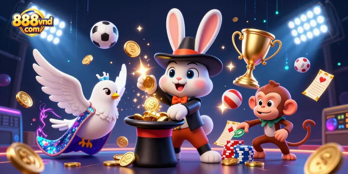 Experience the magic of 888vnd com with a whimsical casino scene featuring a magician, dove, and monkey.