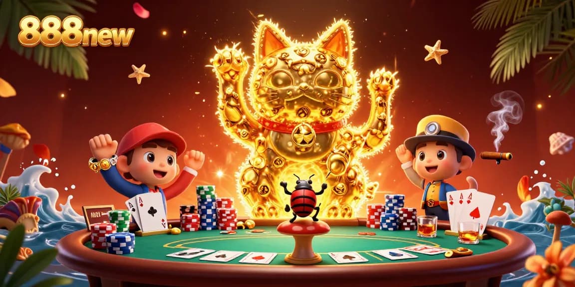 Engage with 888new’s vibrant 3D casino scene showcasing unique game elements and a lucky cat motif.