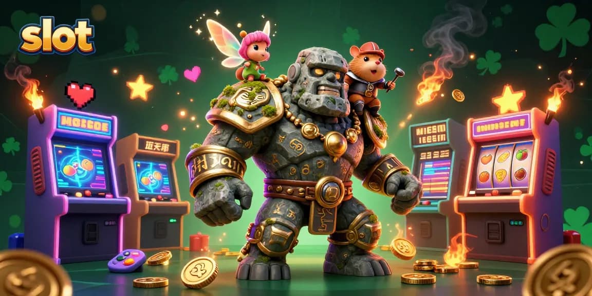 Slot gacor dengan golem penjaga, peri, dan hamster kesatria dalam ilustrasi 3D yang ceria.