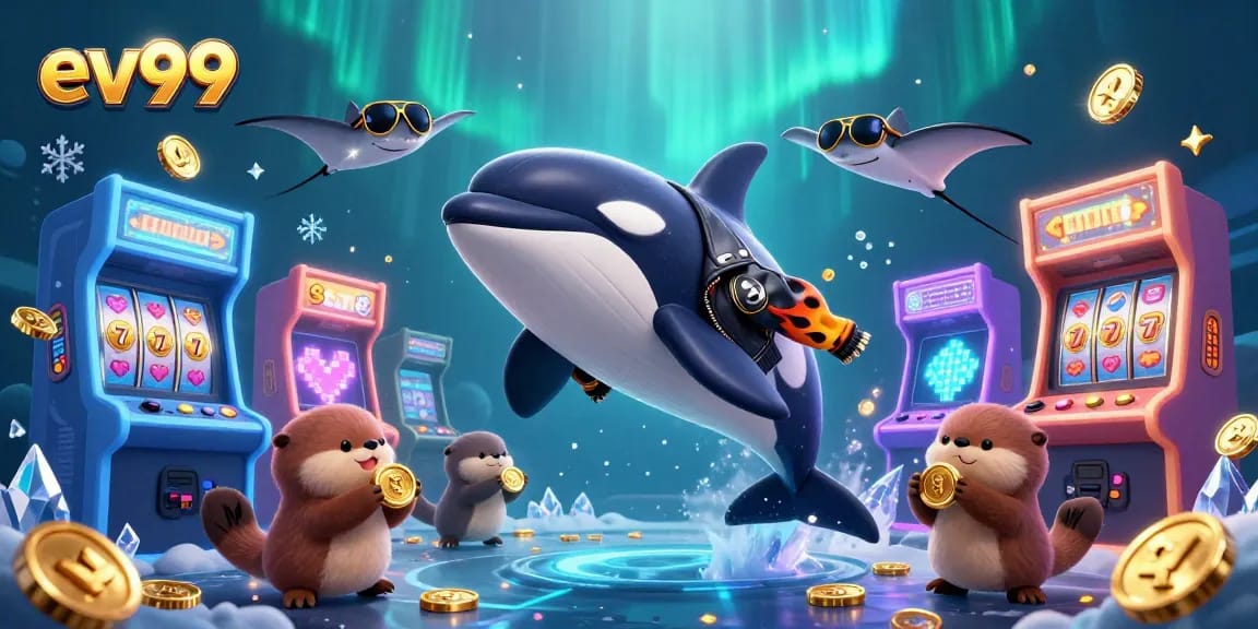 Experience the excitement of ev99 with a vibrant 3D casino illustration featuring unique characters and gold coins.