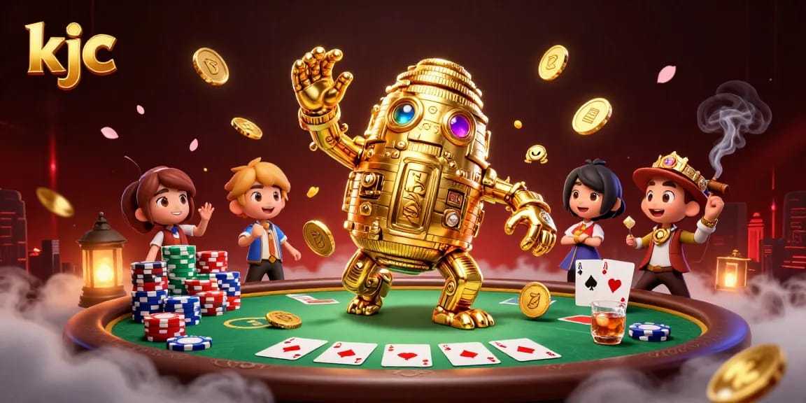 KJC golem and vibrant poker scene showcasing a rich online gambling experience, with golden elements and cards.