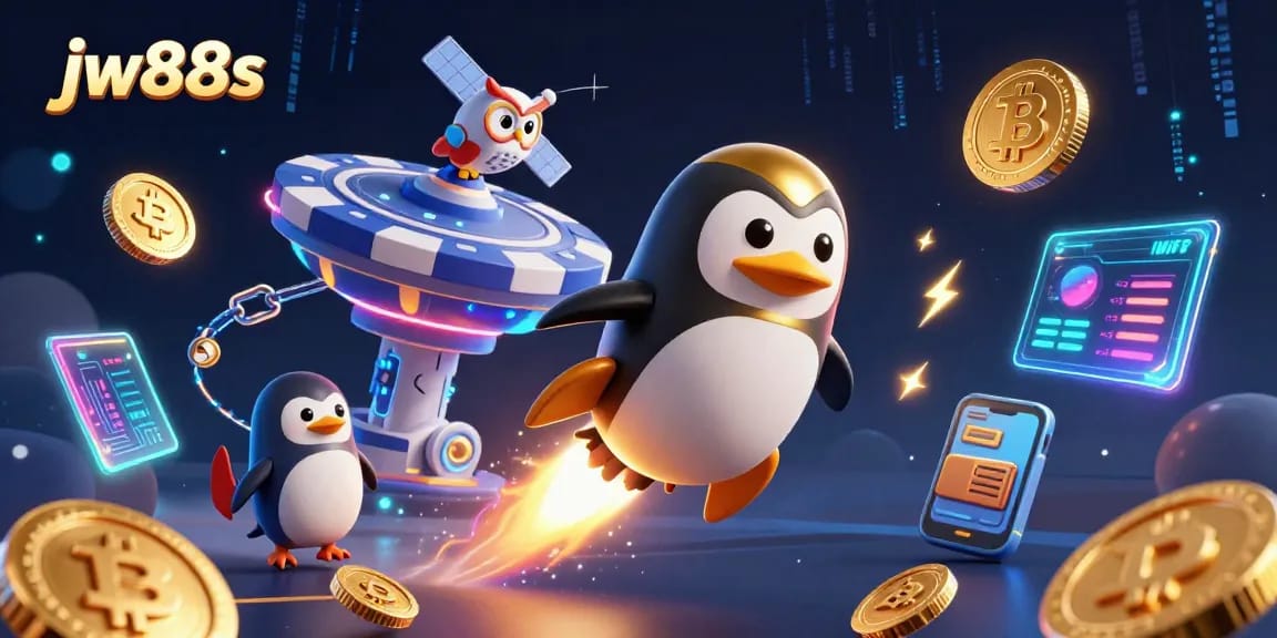 Experience exciting gameplay with jw88s as a golden penguin blasts towards a casino space station.