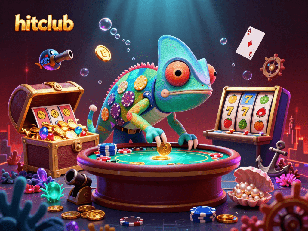 hitclub casino owner chameleon snatches coins amidst vibrant slot game elements