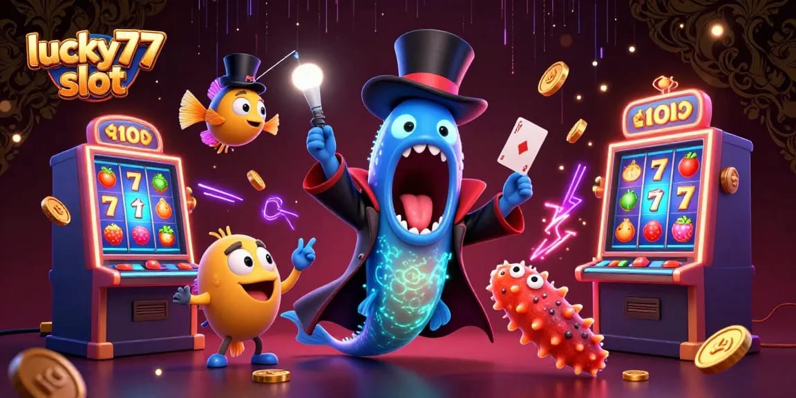 Experience the thrill of lucky77 slot with vivid characters and vibrant slot elements in an exciting magical scene.
