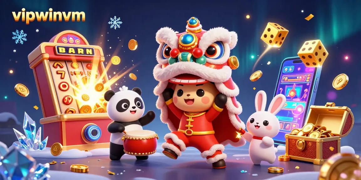 Bursting with excitement at vipwinvm, enjoy a lively scene of a lion dance with festive characters amidst gambling treasures.