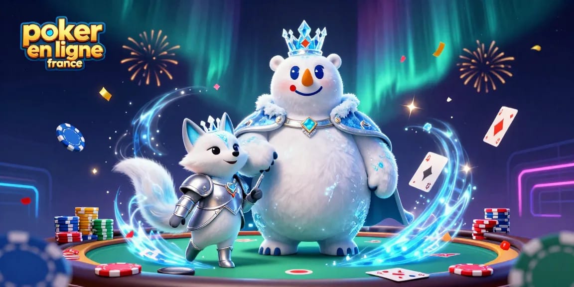 Participer au poker en ligne France avec des cartes de jeu et des jetons colorés entourant le roi polaire.
