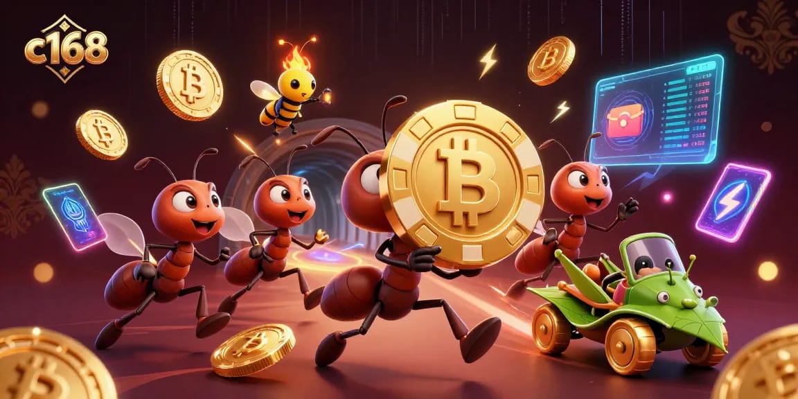 C168 gamblers strategizing around a heist with golden poker chip and crypto elements