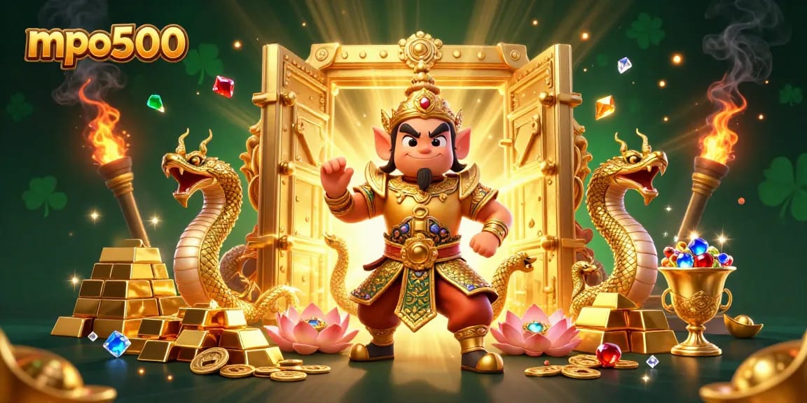 Engage with mpo500 in this vibrant illustration featuring treasure vaults and luck-filled casino elements.