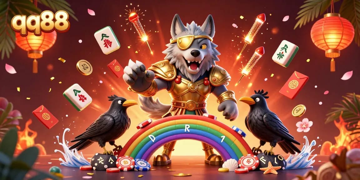 Experience thrilling gaming at qq88 with an illustration featuring Odin's wolf, casino chips, and dynamic elements.