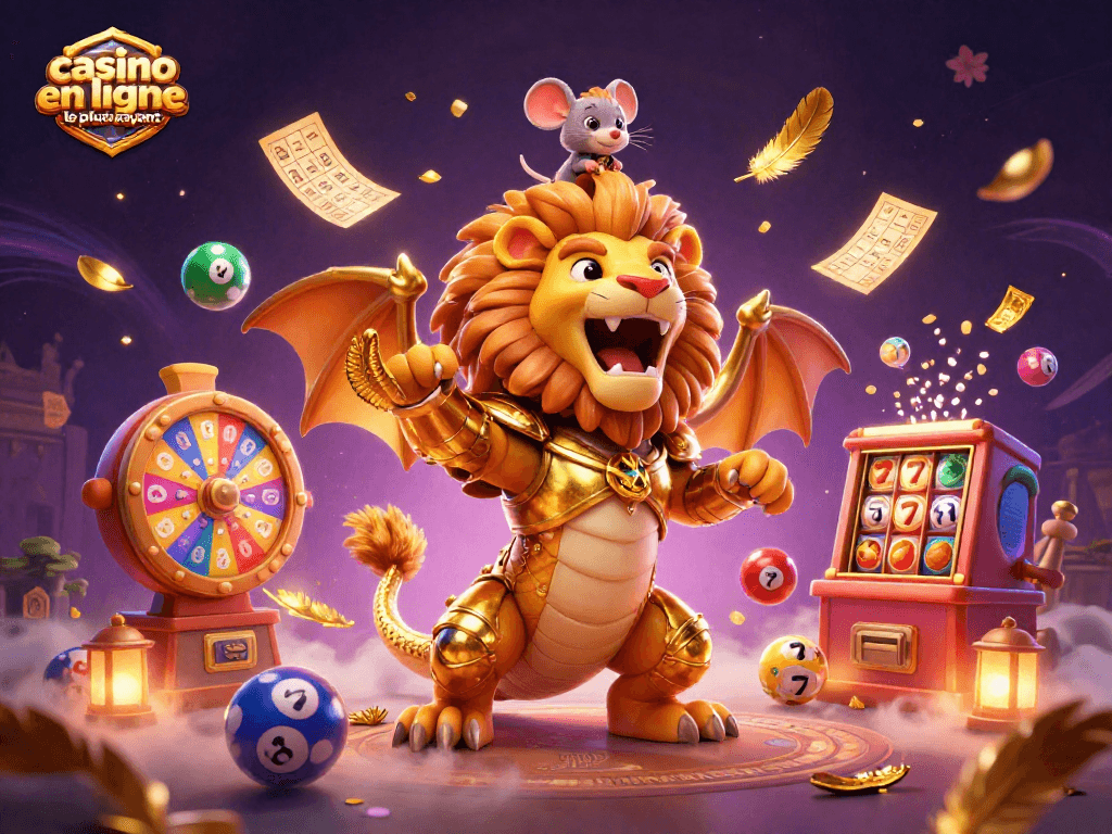 Visualisez le "casino en ligne le plus payant" avec des éléments de loterie et un dragon majestueux.