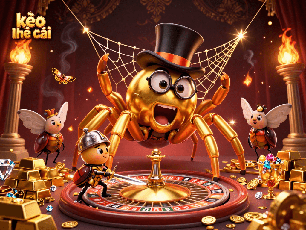 Engage with kèo nhà cái as a golden tarantula and beetle knight celebrate in vibrant casino riches.