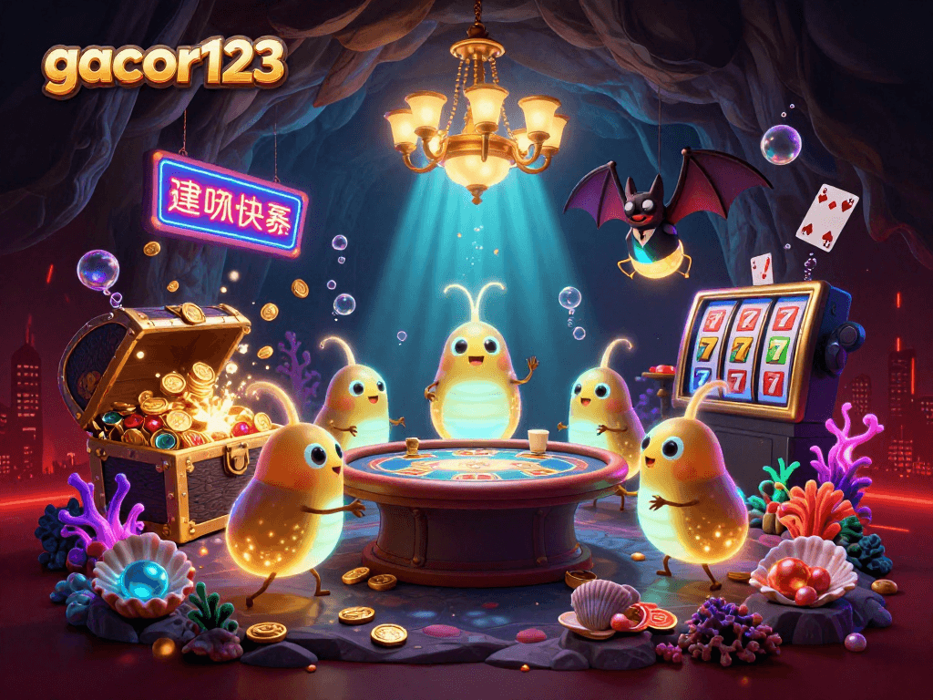 Experience excitement with gacor123, an enchanting casino scene illuminated by glowing glowworms and vibrant gambling elements.