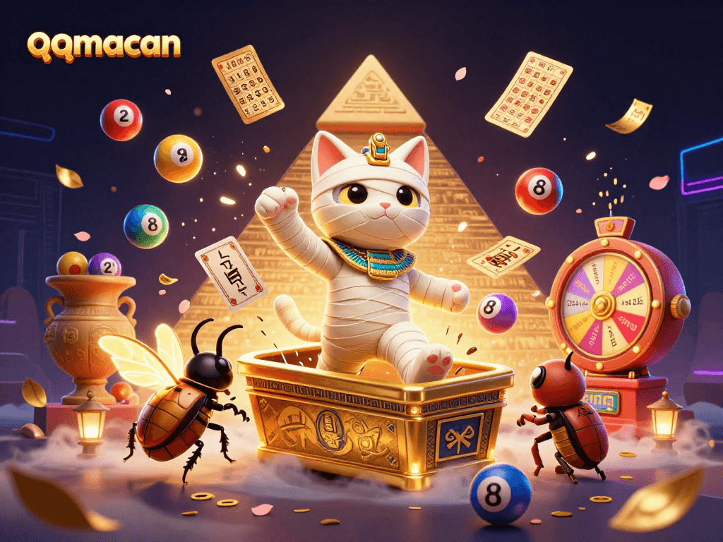 Win big with qqmacan in this vibrant gaming scene featuring a mummy cat, lottery balls, and golden prizes.